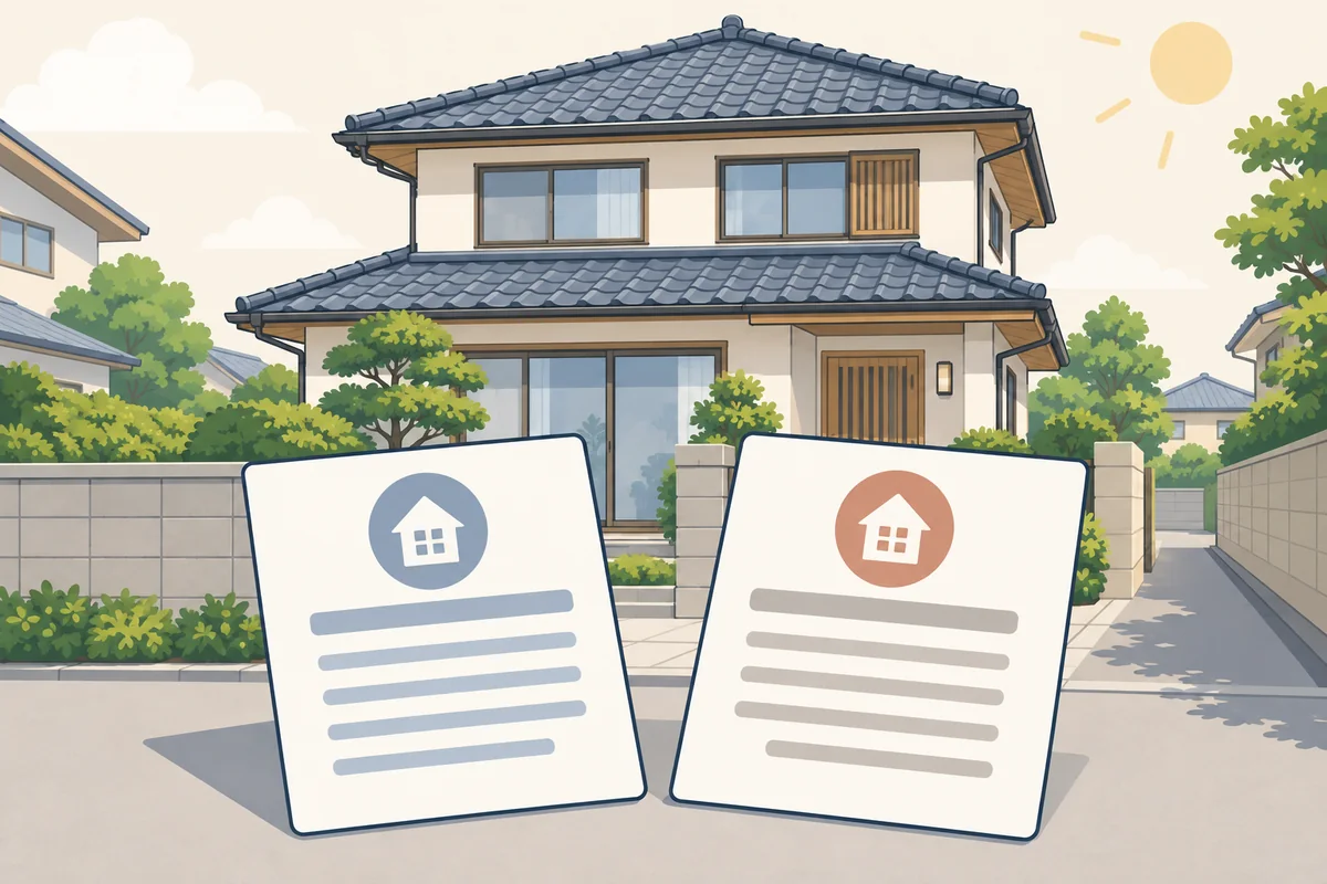 実家の査定額と説明を複数の会社で比べることを表したイラスト