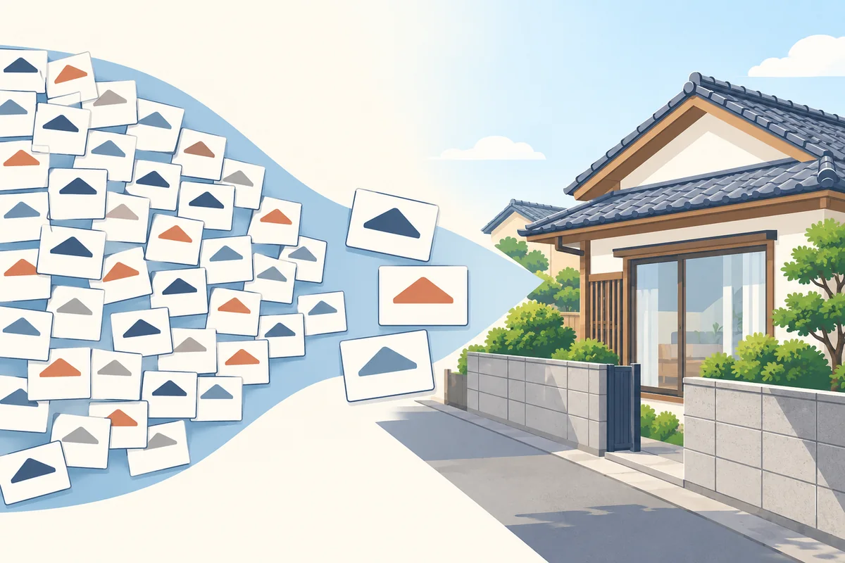 サイト全体の会社数と自分の家に対応する候補数の違いを表したイラスト