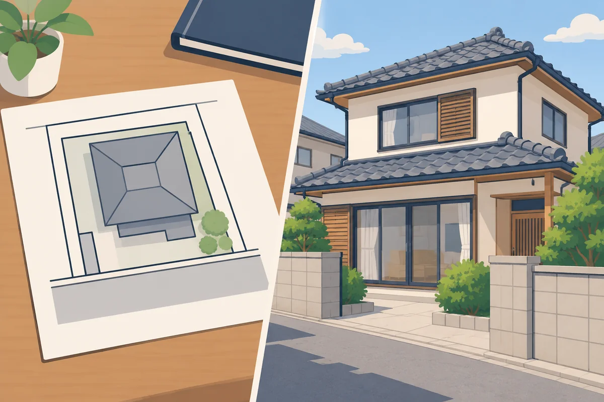 資料を使う机上査定と建物を見る訪問査定の違いを表したイラスト